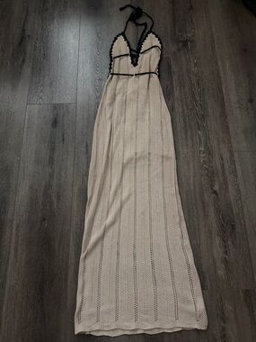 Beige Maxi Halter Dress with Black Trim